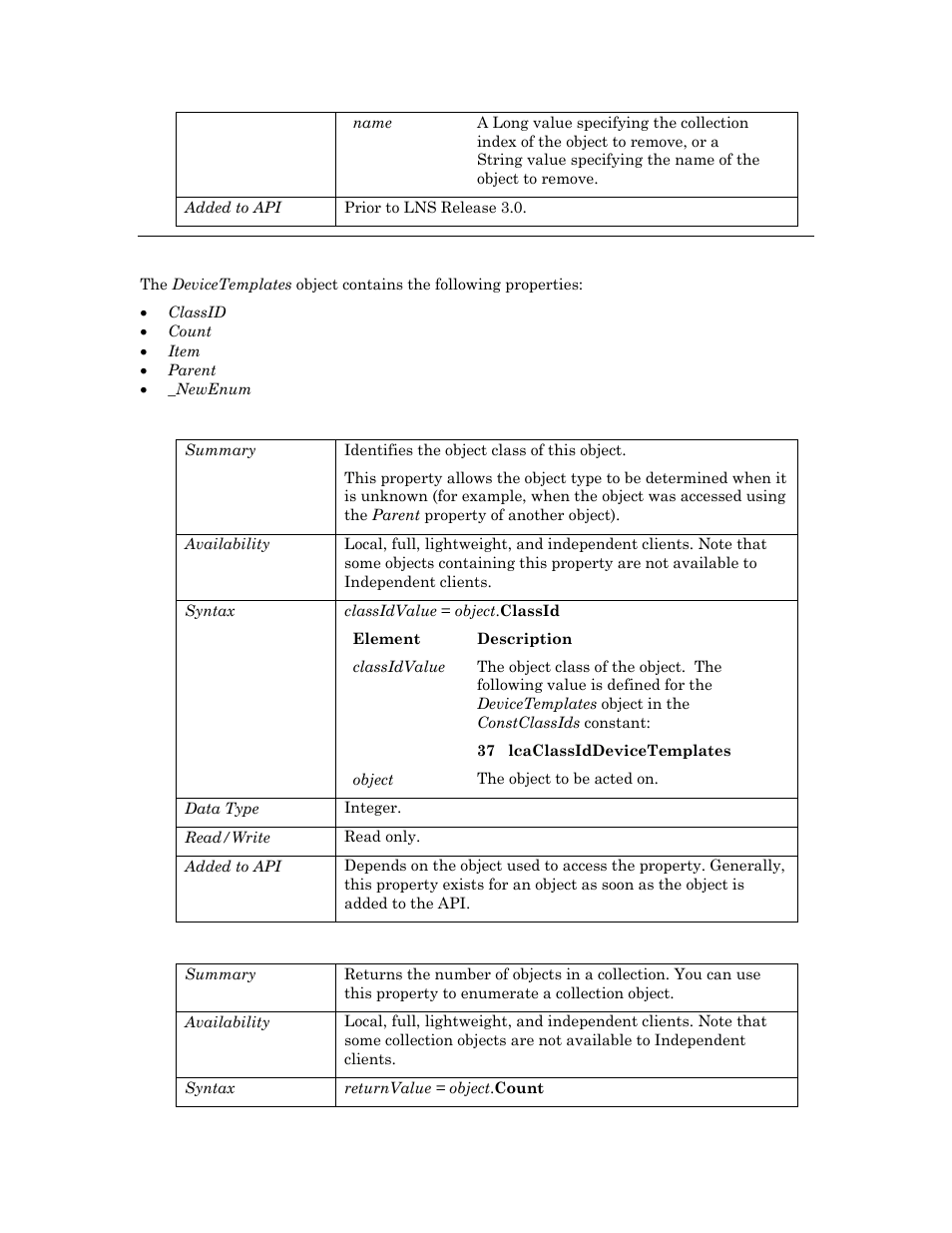 Properties, Classid, Count | Echelon OpenLNS User Manual | Page 326 / 1081