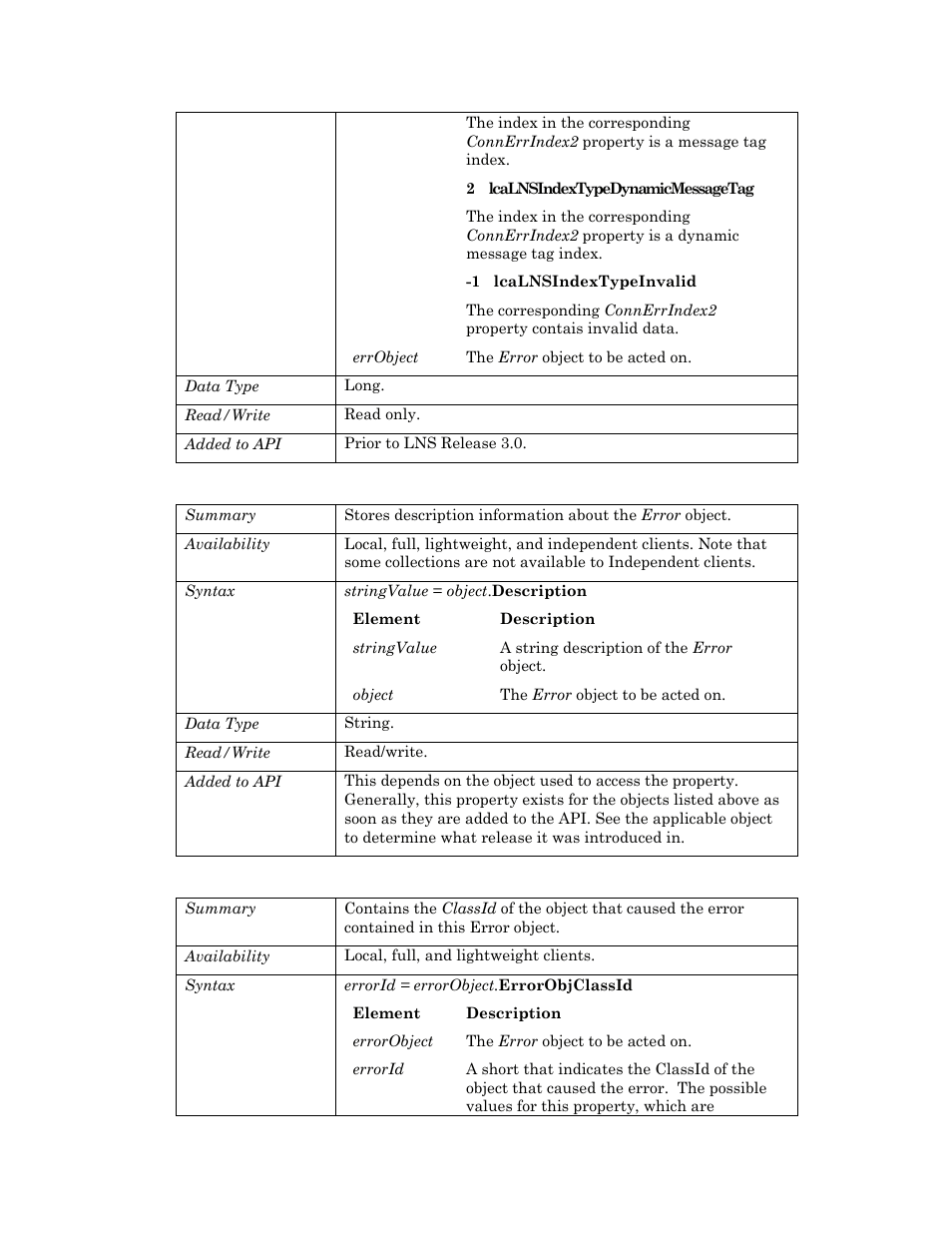 Description, Errobjclassid | Echelon OpenLNS User Manual | Page 335 / 1081