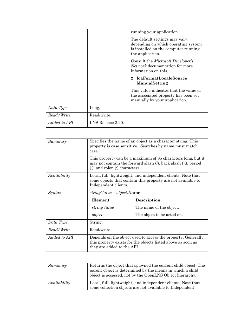 Name, Parent | Echelon OpenLNS User Manual | Page 382 / 1081