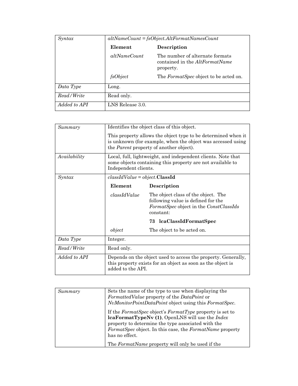 Classid, Formatname | Echelon OpenLNS User Manual | Page 399 / 1081