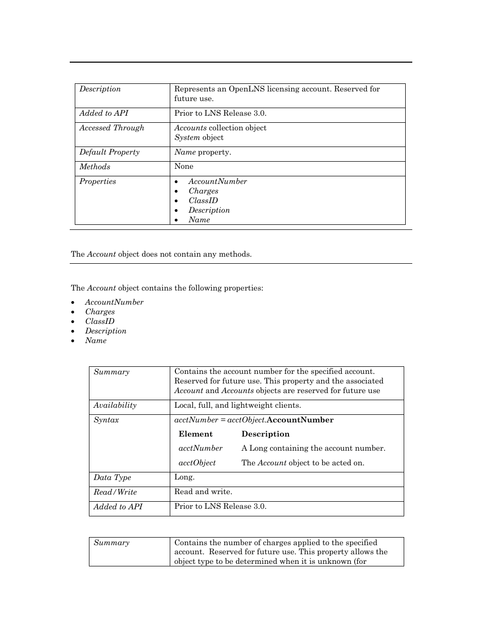 Account, Methods, Properties | Accountnumber, Charges | Echelon OpenLNS User Manual | Page 45 / 1081