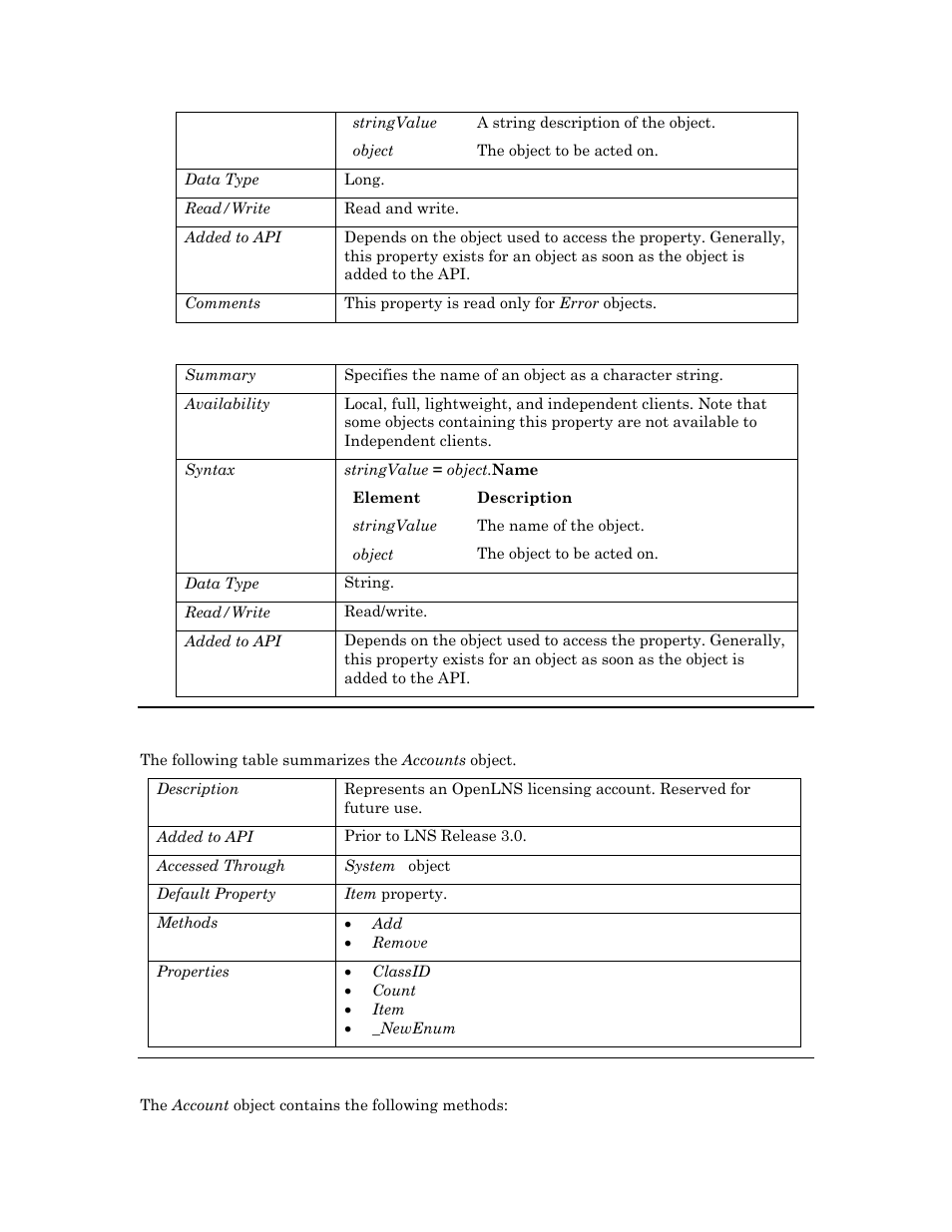 Name, Accounts, Methods | Accounts c, Name p, D accounts | Echelon OpenLNS User Manual | Page 47 / 1081