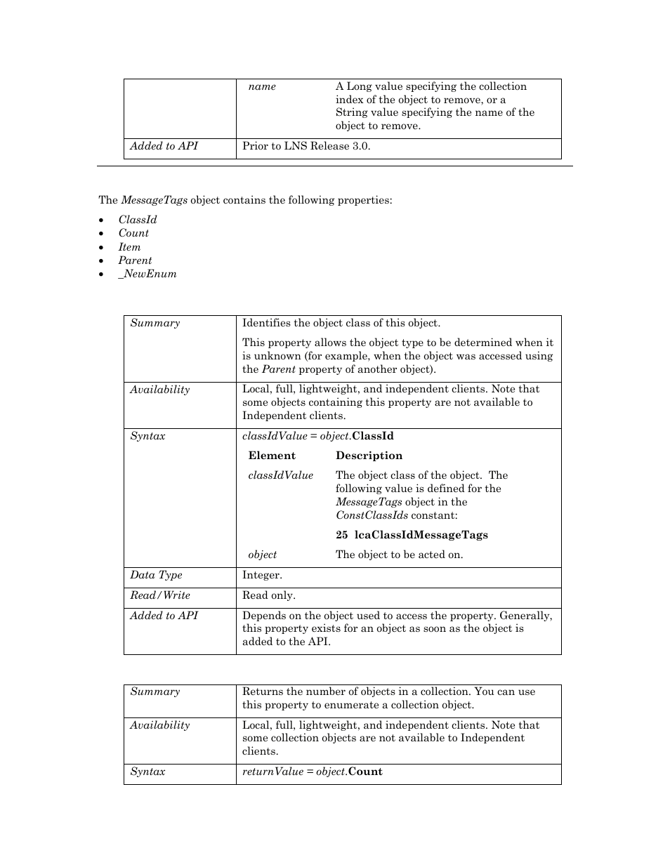 Properties, Classid, Count | Echelon OpenLNS User Manual | Page 498 / 1081