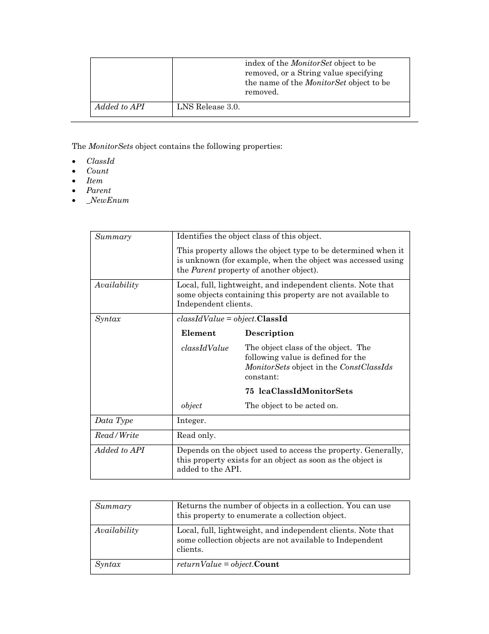 Properties, Classid, Count | Echelon OpenLNS User Manual | Page 517 / 1081