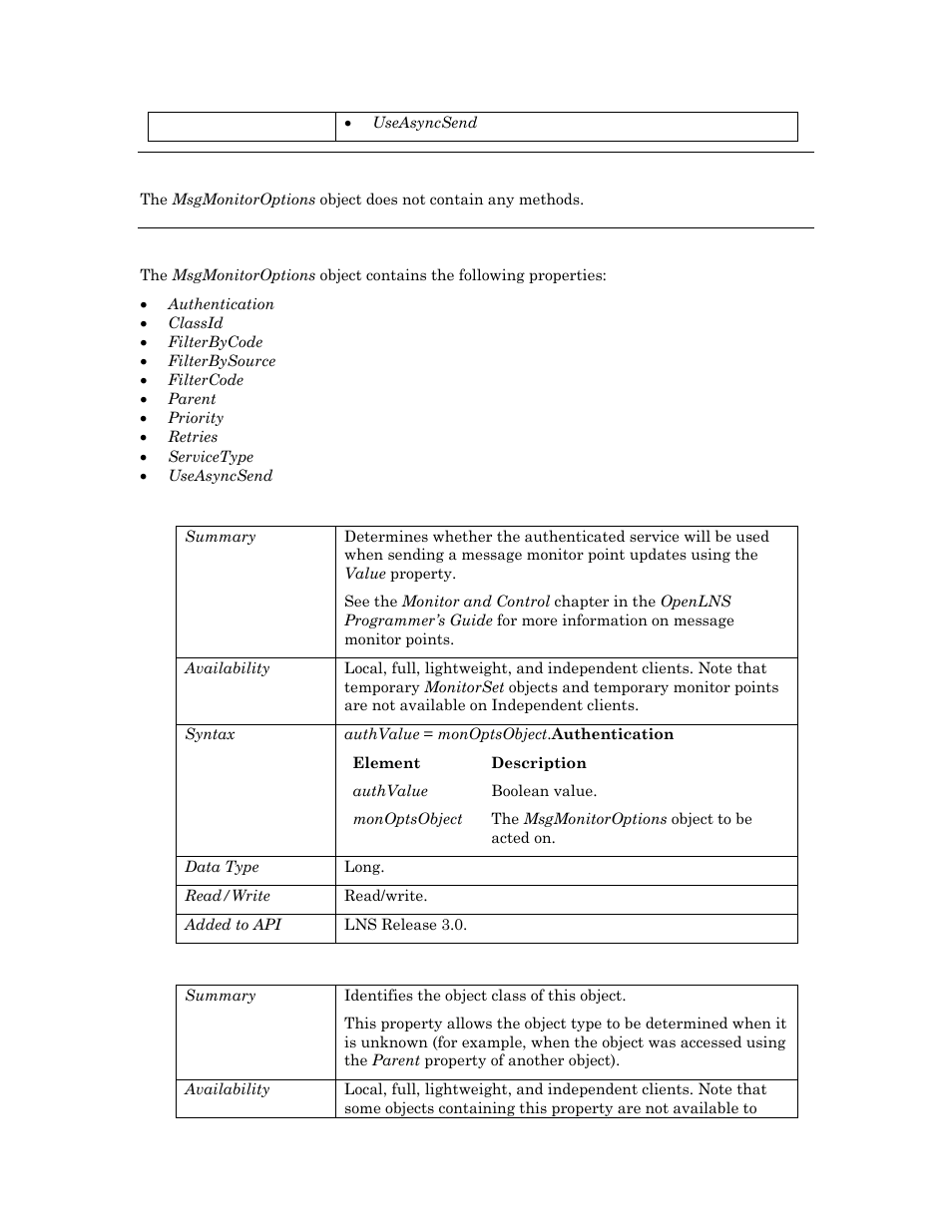 Methods, Properties, Authentication | Classid | Echelon OpenLNS User Manual | Page 521 / 1081