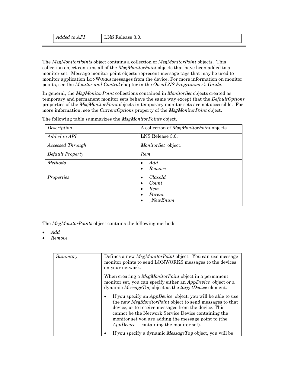 Msgmonitorpoints, Methods, Permanent message monitor point | Echelon OpenLNS User Manual | Page 545 / 1081