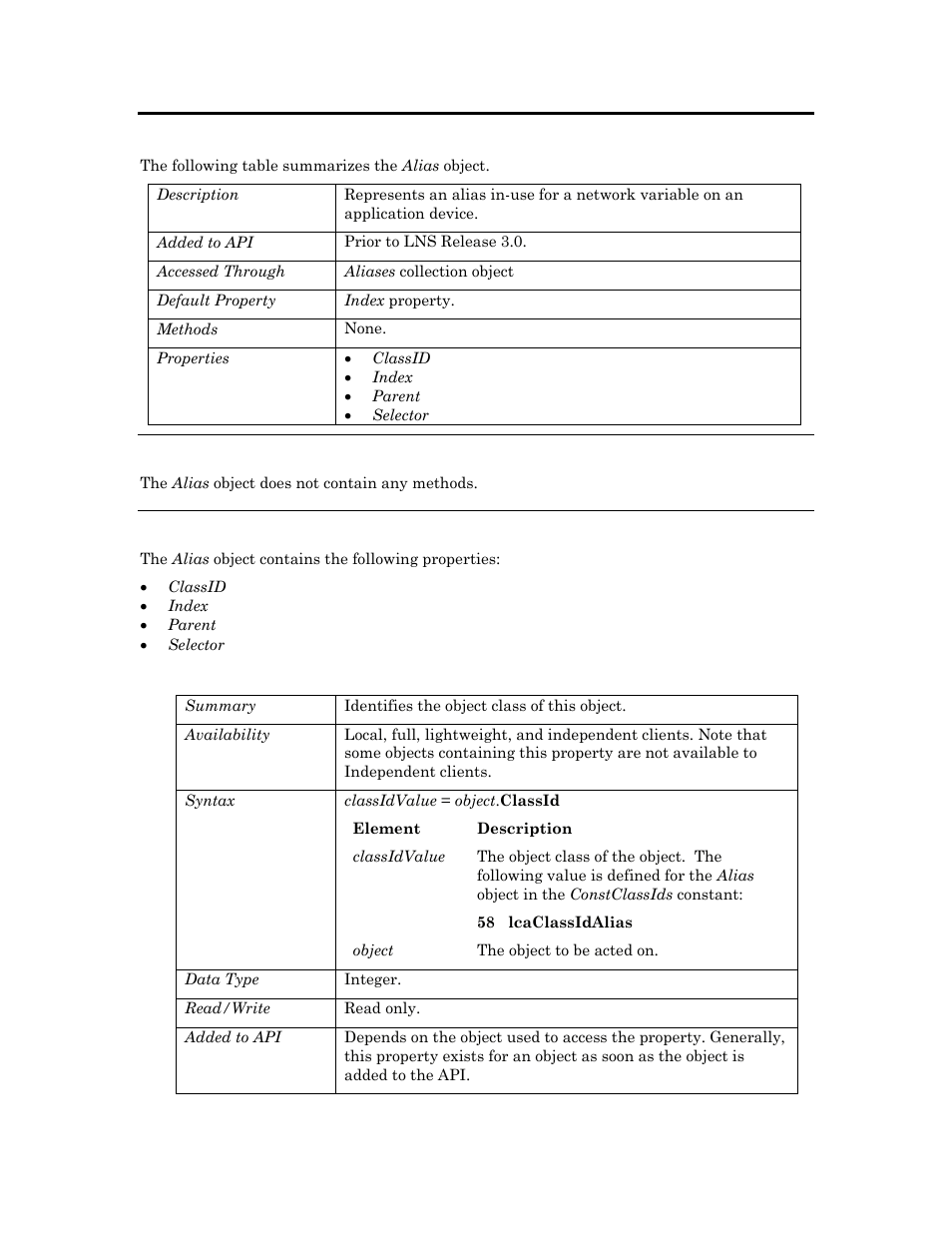 Alias, Methods, Properties | Classid, Requiredversion | Echelon OpenLNS User Manual | Page 58 / 1081