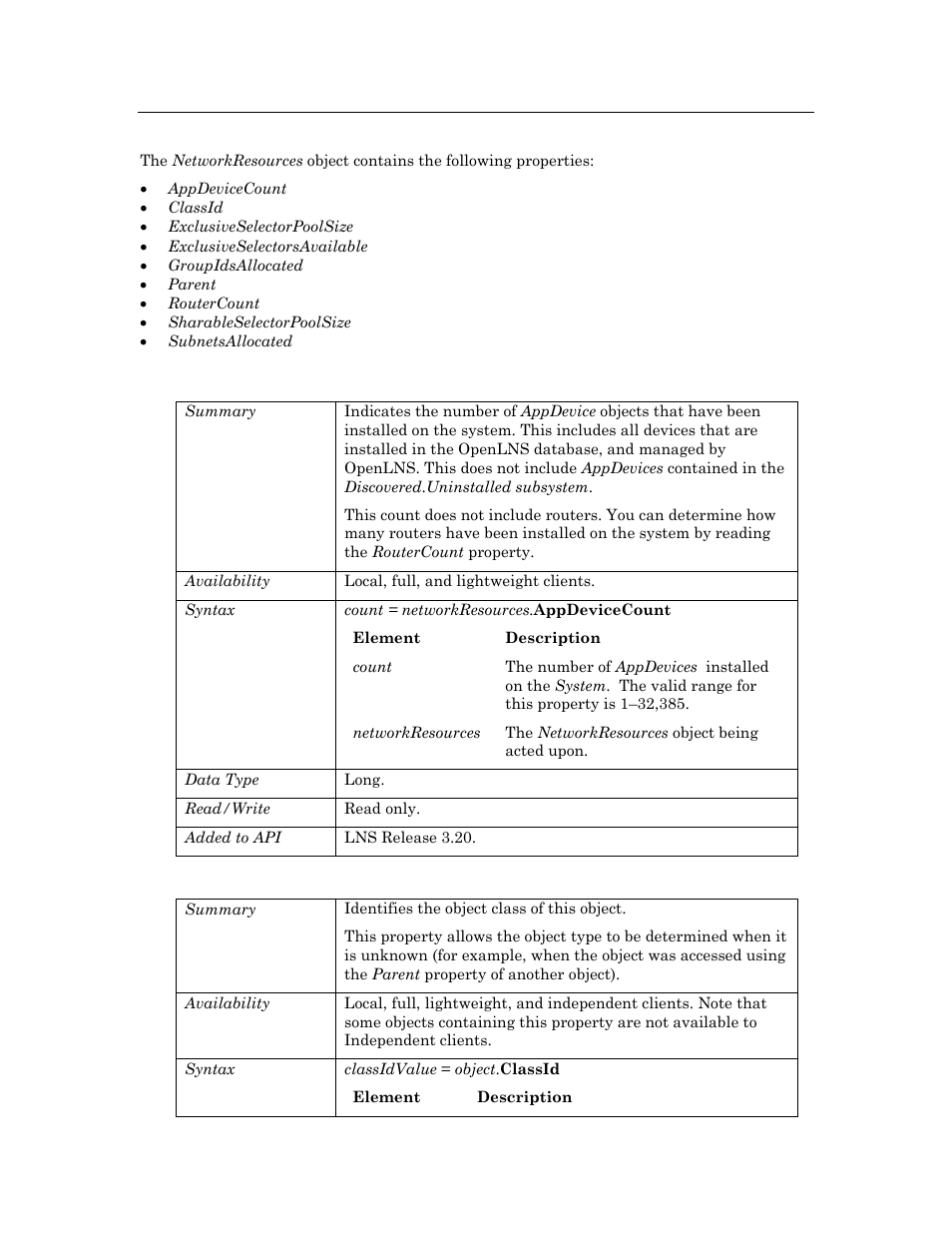 Properties, Appdevicecount, Classid | Echelon OpenLNS User Manual | Page 588 / 1081