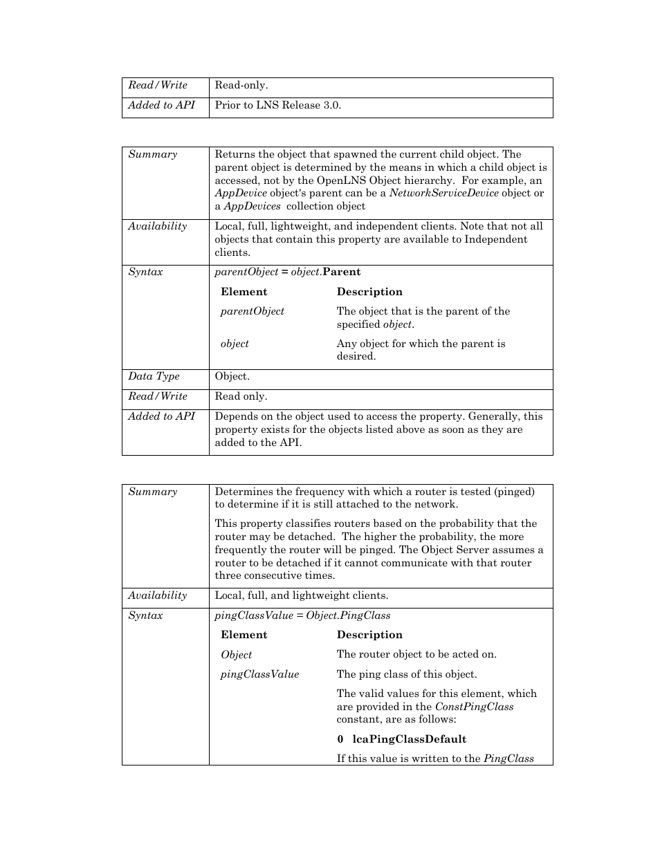 Parent, Pingclass | Echelon OpenLNS User Manual | Page 827 / 1081