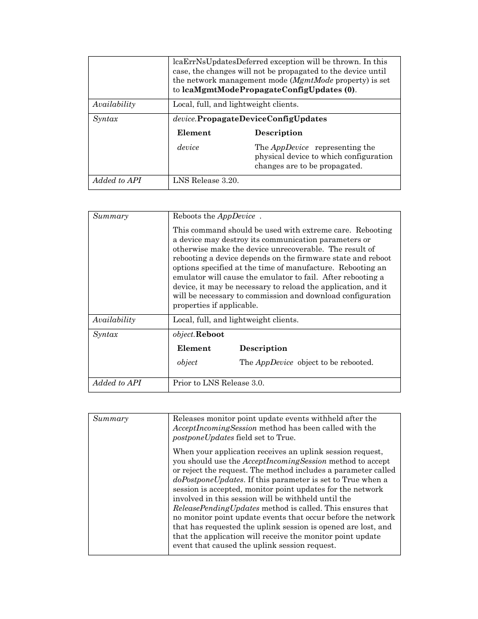 Reboot, Releasependingupdates | Echelon OpenLNS User Manual | Page 84 / 1081