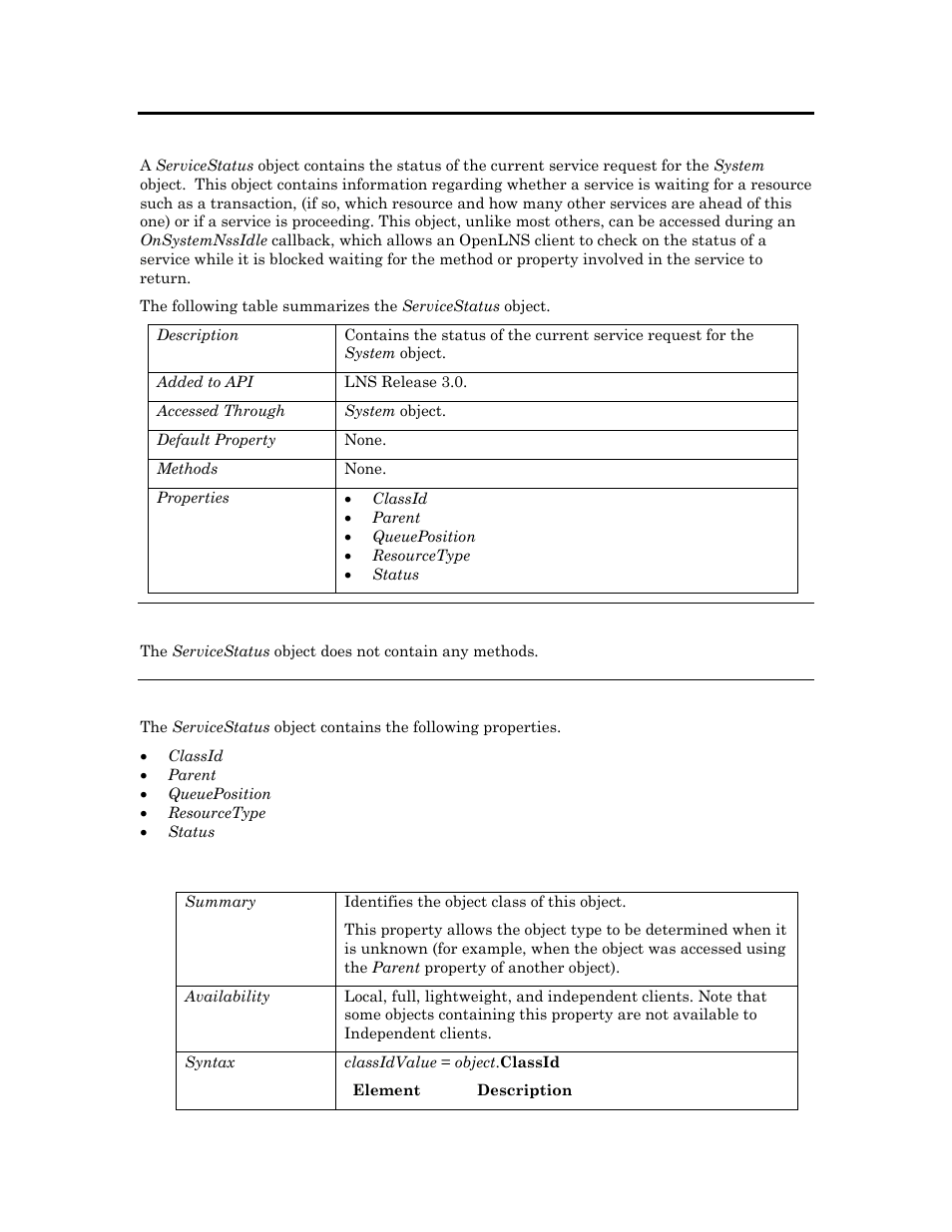 Servicestatus, Methods, Properties | Classid | Echelon OpenLNS User Manual | Page 849 / 1081