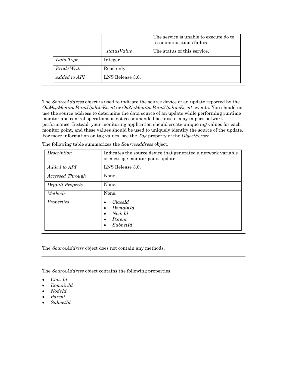 Sourceaddress, Methods, Properties | Echelon OpenLNS User Manual | Page 853 / 1081