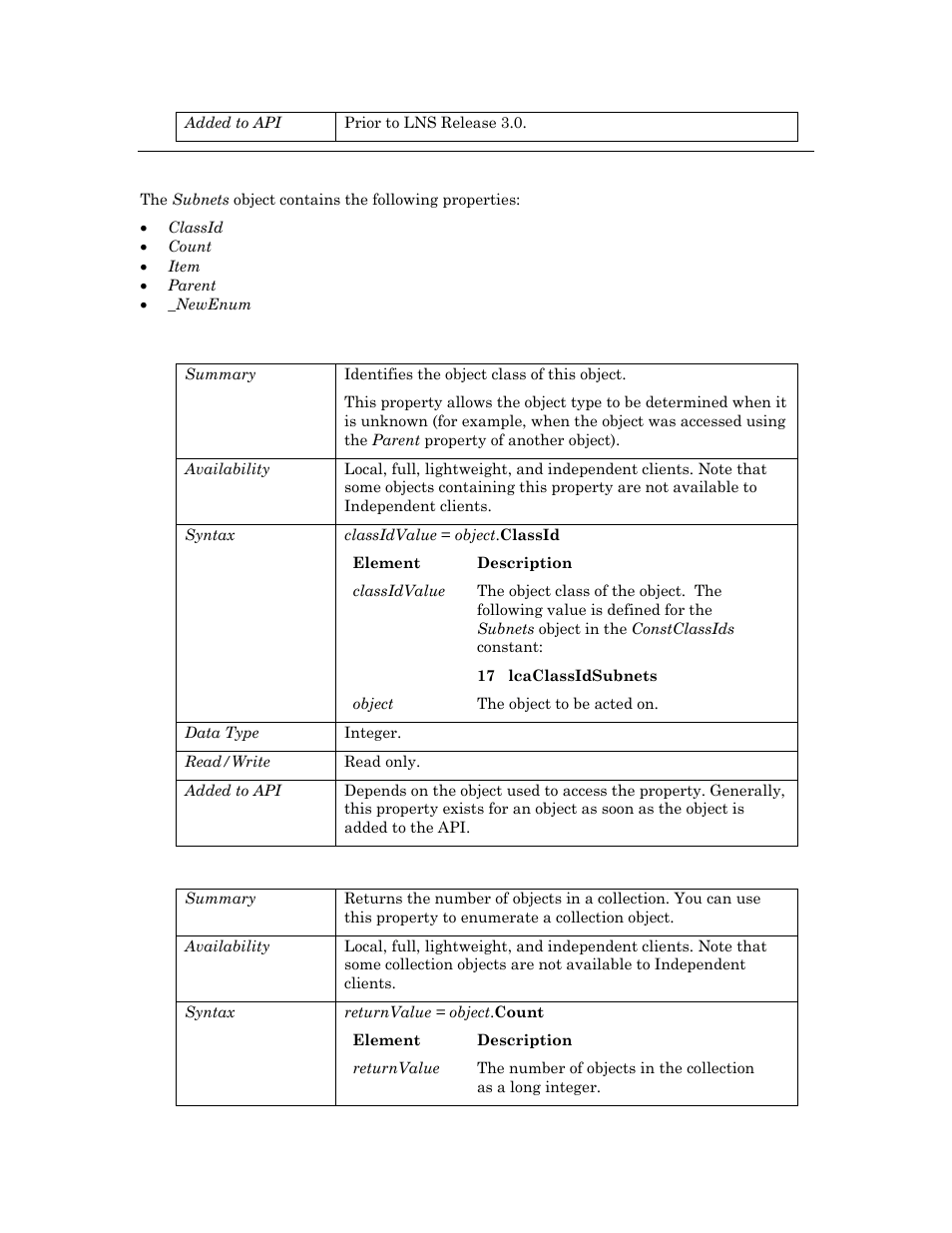 Properties, Classid, Count | Echelon OpenLNS User Manual | Page 863 / 1081