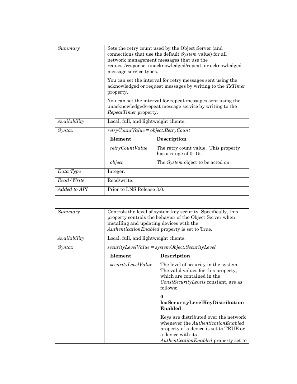 Retrycount, Securitylevel, Securitylevel p | Securitylevel i, Etrycount | Echelon OpenLNS User Manual | Page 944 / 1081