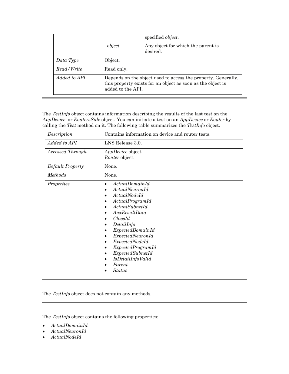 Testinfo, Methods, Properties | Echelon OpenLNS User Manual | Page 959 / 1081