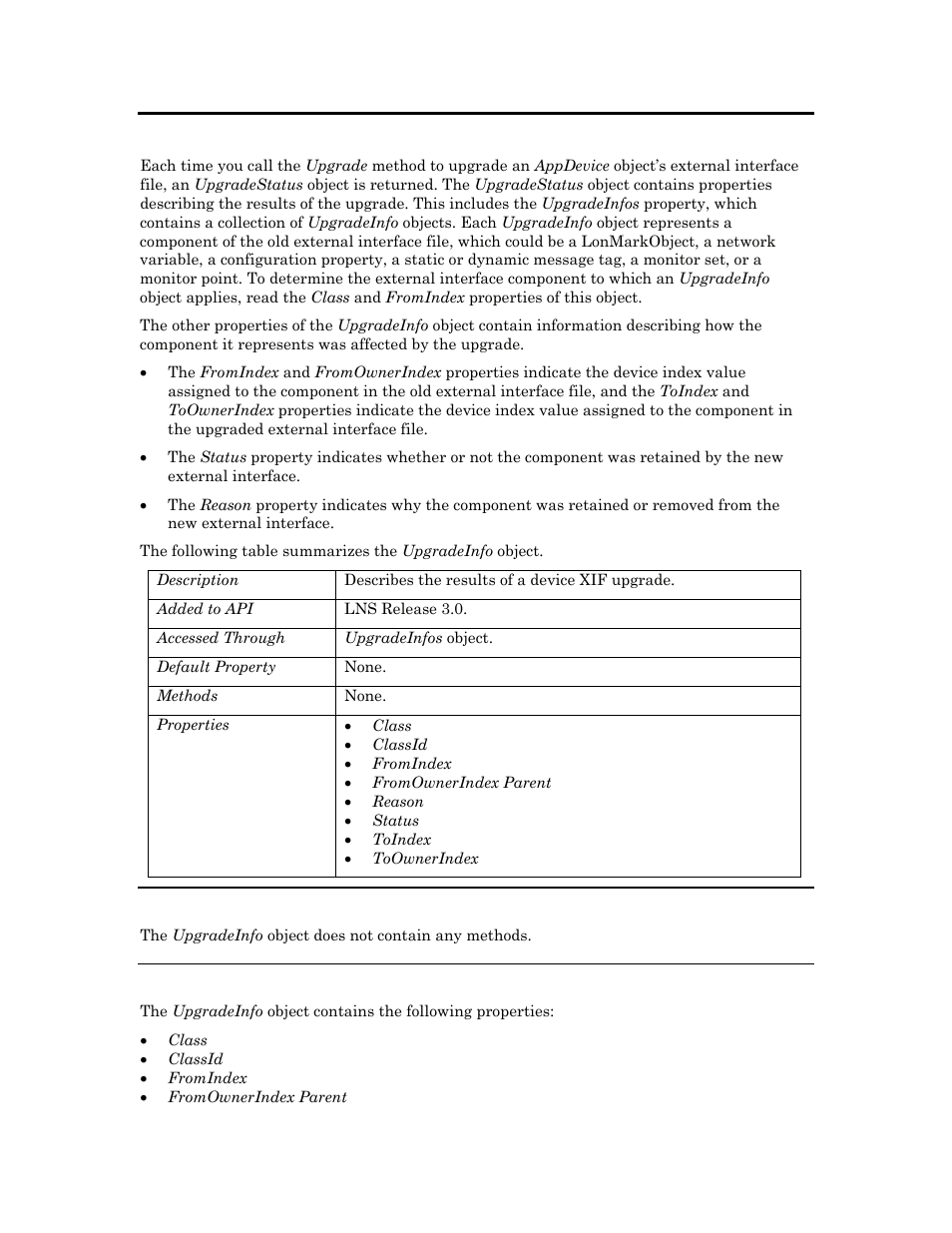 Upgradeinfo, Methods, Properties | Echelon OpenLNS User Manual | Page 981 / 1081