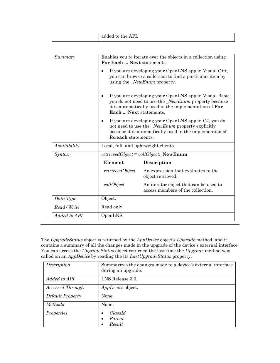 Newenum, Upgradestatus, Upgradestatus o | N upgradestatus o, Upgradestatusobject | Echelon OpenLNS User Manual | Page 994 / 1081