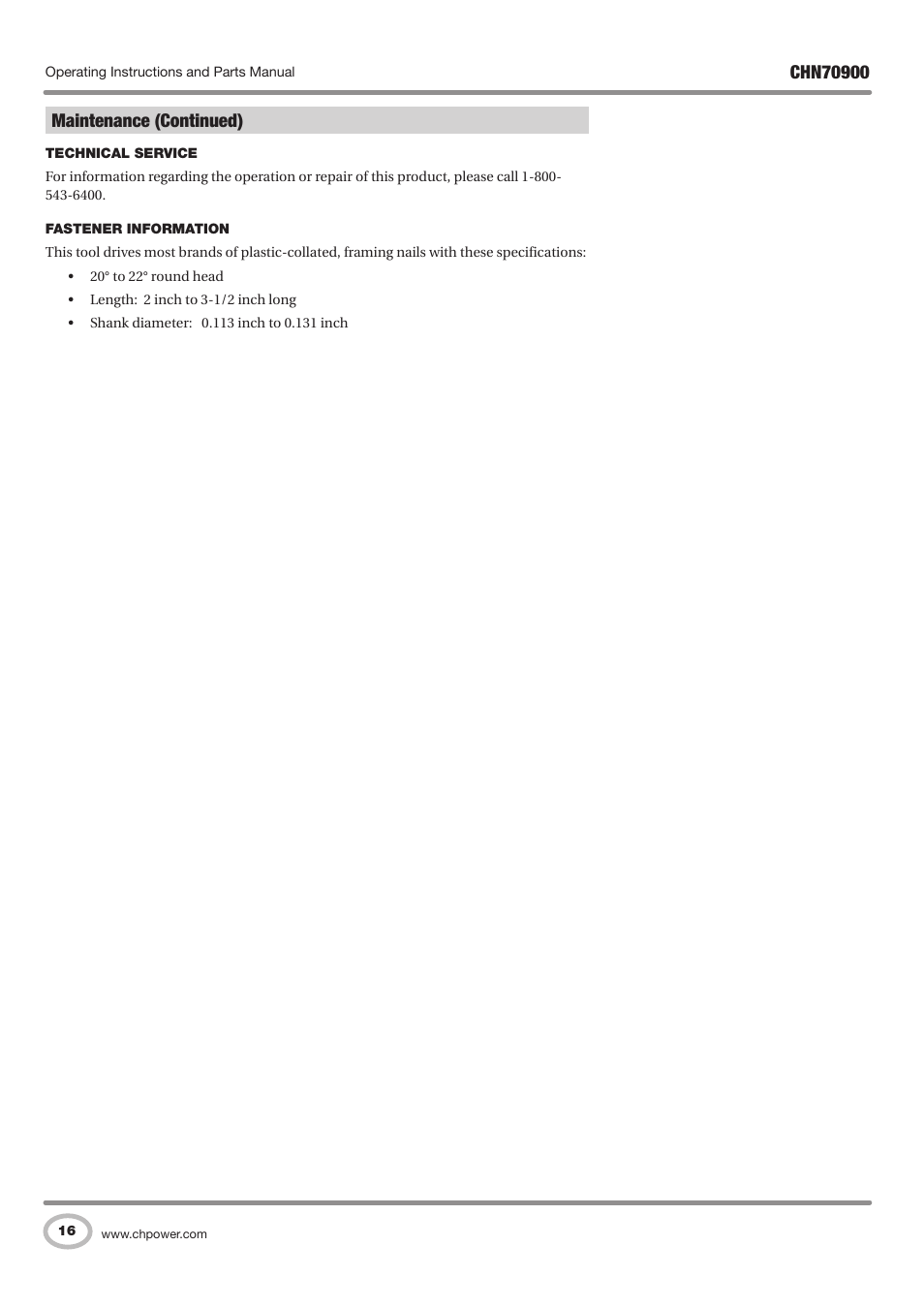 Maintenance (continued) | Campbell Hausfeld CHN70900 User Manual | Page 16 / 60