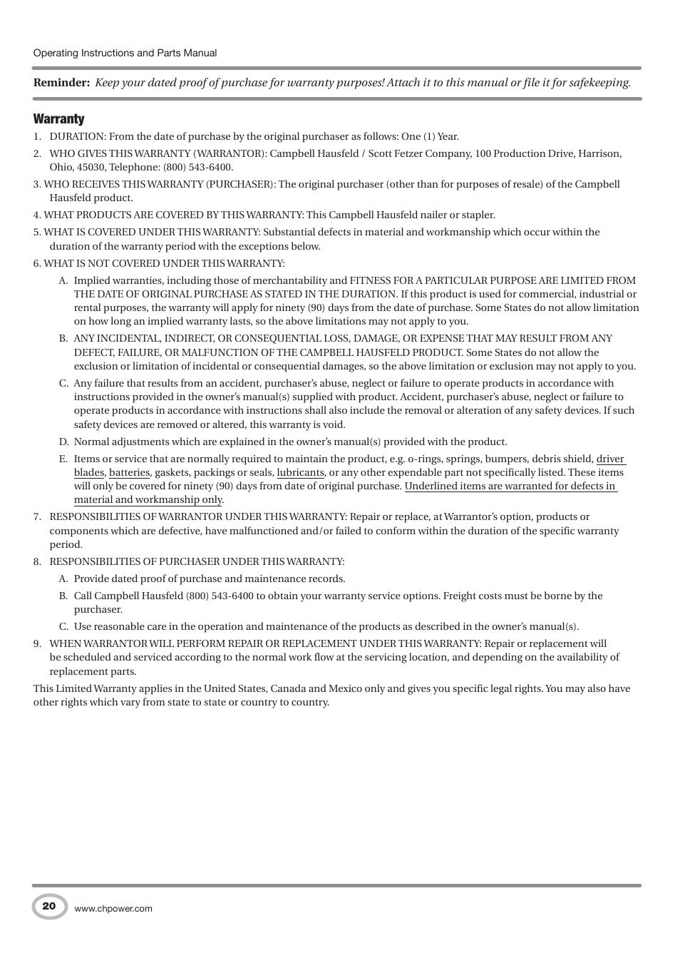 Warranty | Campbell Hausfeld CHN70900 User Manual | Page 20 / 60