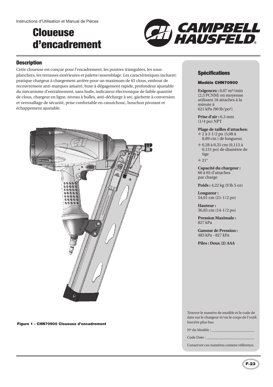 Cloueuse d’encadrement, Spécifications, Description | Campbell Hausfeld CHN70900 User Manual | Page 23 / 60