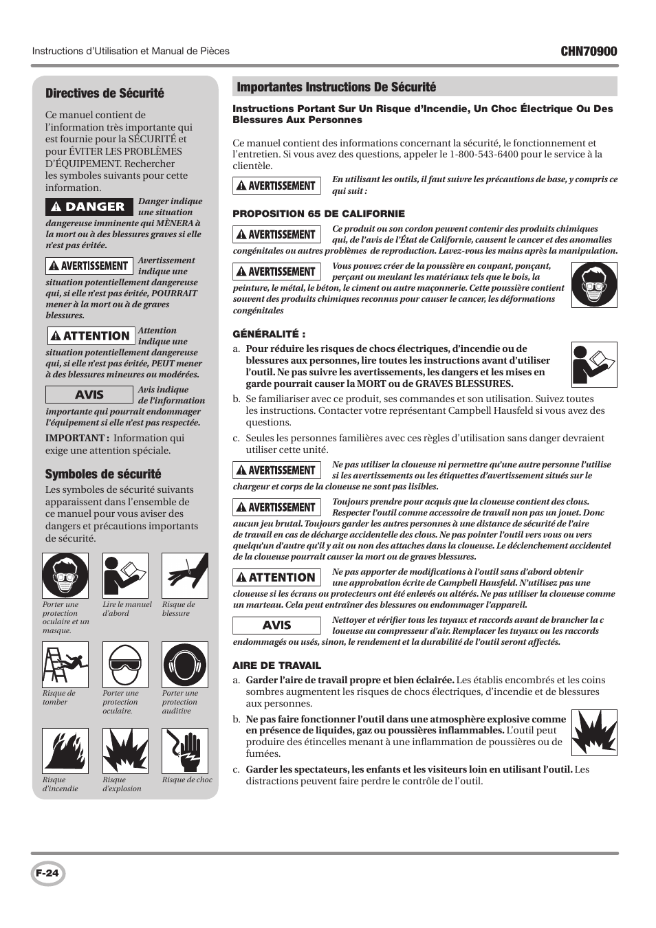 Importantes instructions de sécurité, Directives de sécurité, Symboles de sécurité | Campbell Hausfeld CHN70900 User Manual | Page 24 / 60