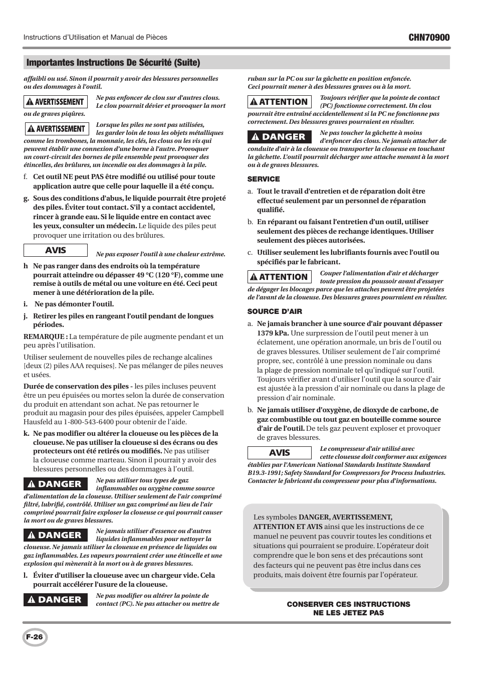 Importantes instructions de sécurité (suite) | Campbell Hausfeld CHN70900 User Manual | Page 26 / 60