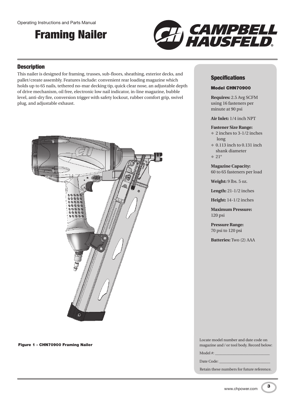 Framing nailer, Description, Specifications | Campbell Hausfeld CHN70900 User Manual | Page 3 / 60