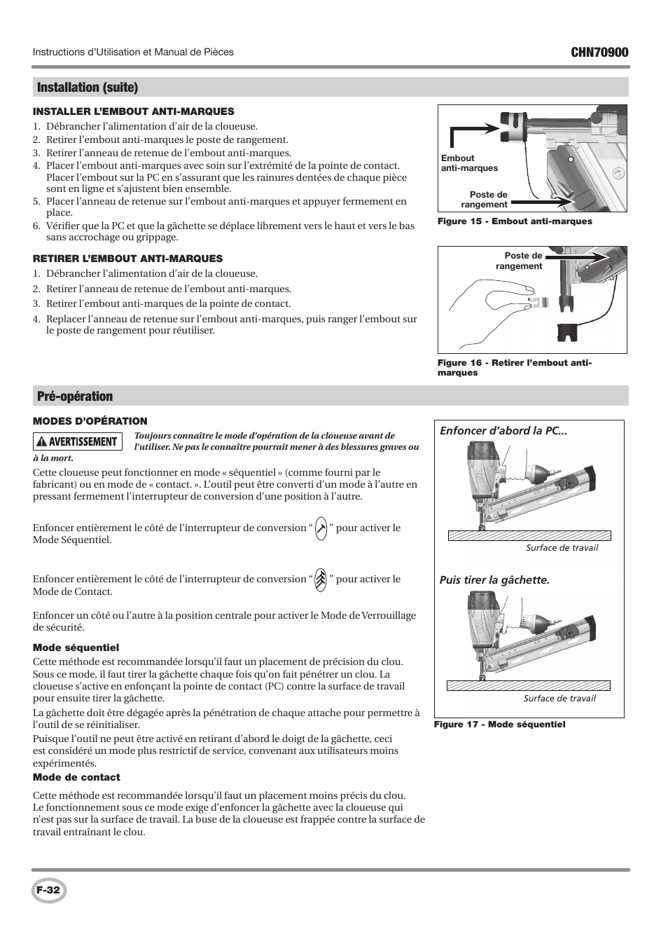 Installation (suite), Pré-opération | Campbell Hausfeld CHN70900 User Manual | Page 32 / 60