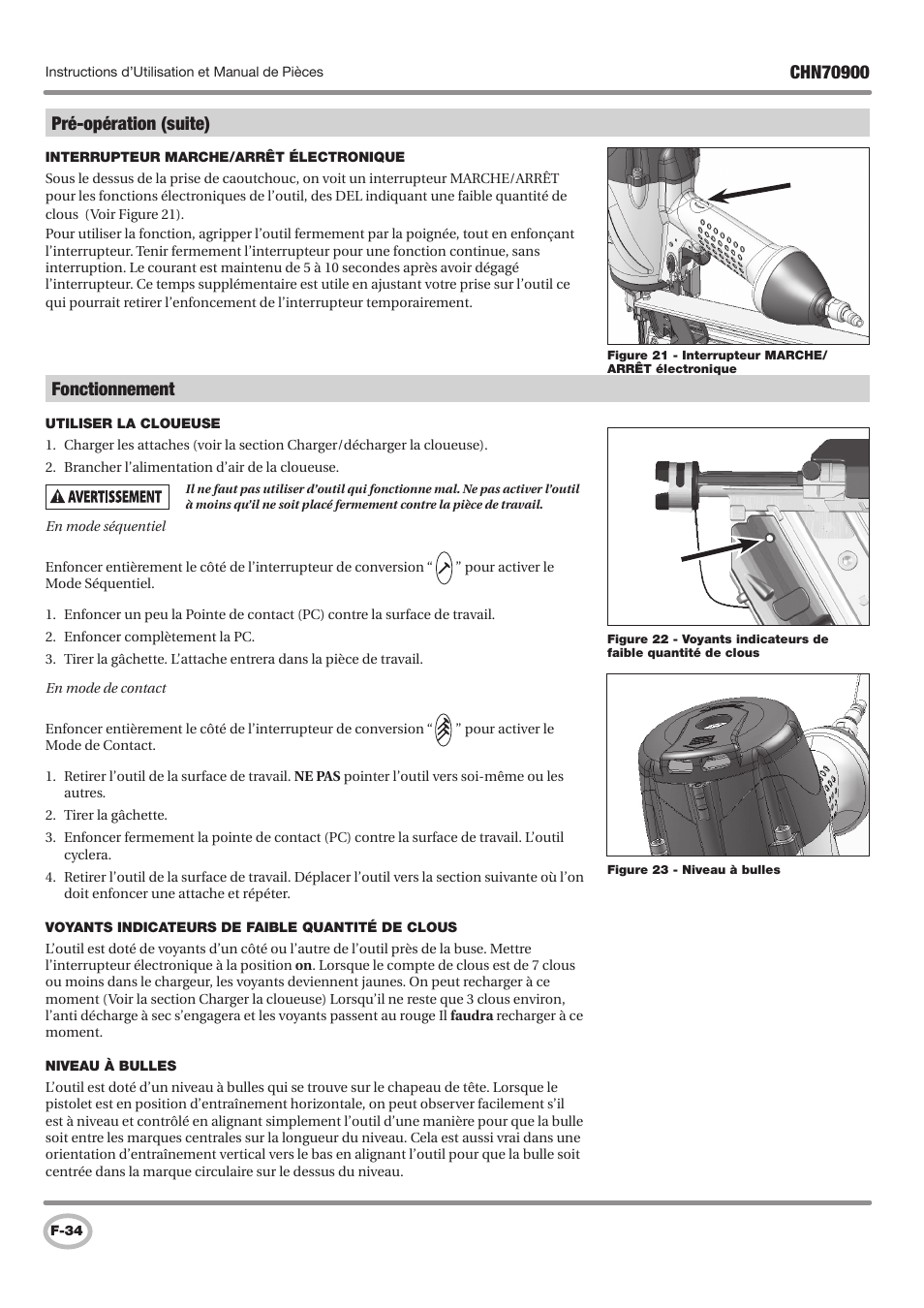 Pré-opération (suite), Fonctionnement | Campbell Hausfeld CHN70900 User Manual | Page 34 / 60