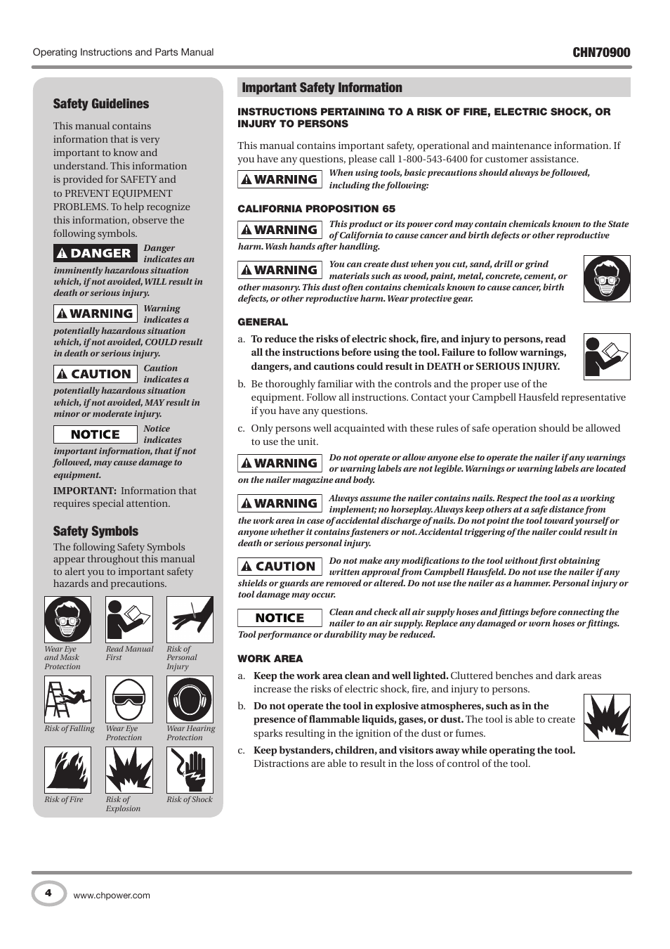 Safety guidelines, Safety symbols, Important safety information | Campbell Hausfeld CHN70900 User Manual | Page 4 / 60