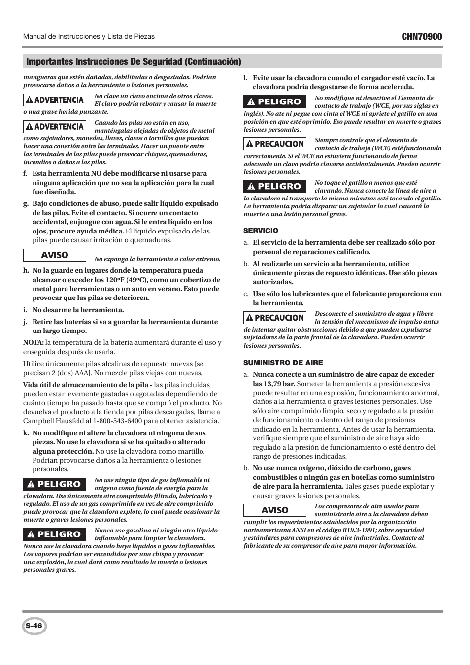 Campbell Hausfeld CHN70900 User Manual | Page 46 / 60