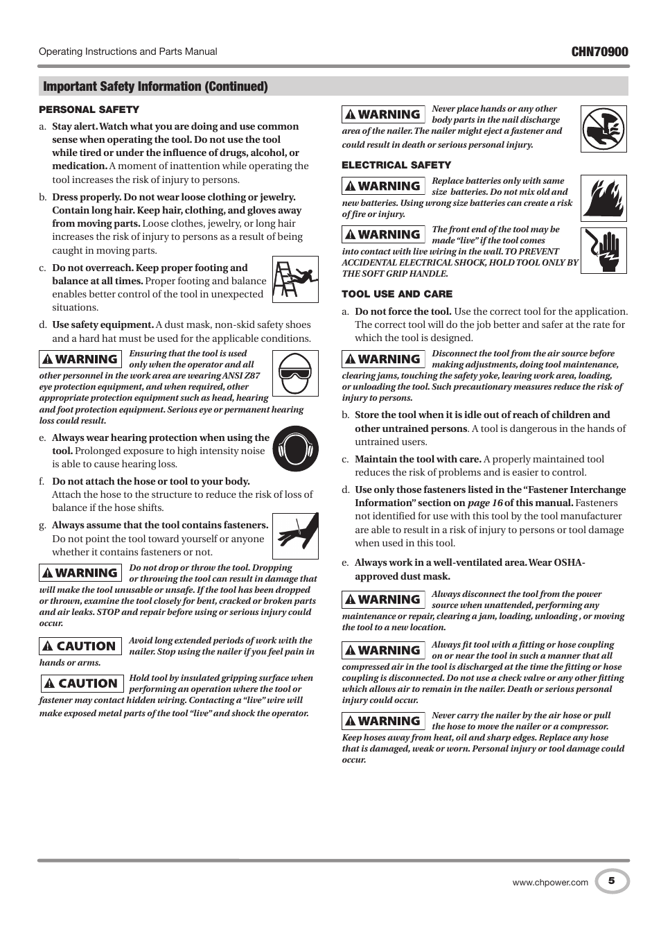 Important safety information (continued) | Campbell Hausfeld CHN70900 User Manual | Page 5 / 60