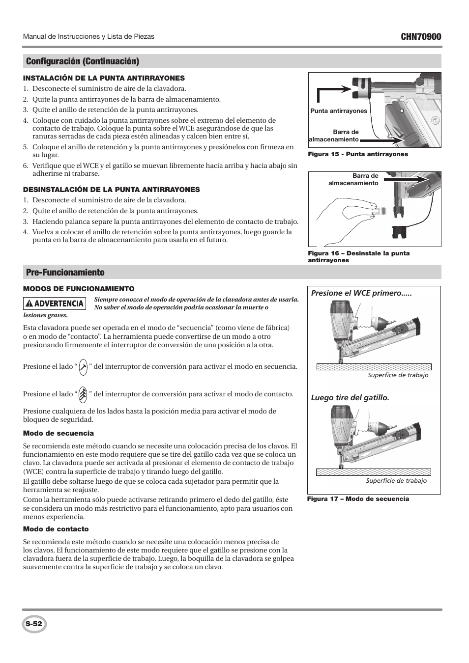 Configuración (continuación), Pre-funcionamiento | Campbell Hausfeld CHN70900 User Manual | Page 52 / 60