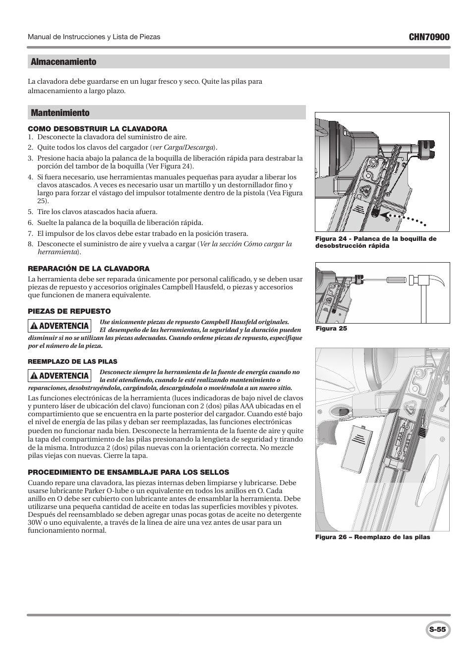 Mantenimiento, Almacenamiento | Campbell Hausfeld CHN70900 User Manual | Page 55 / 60