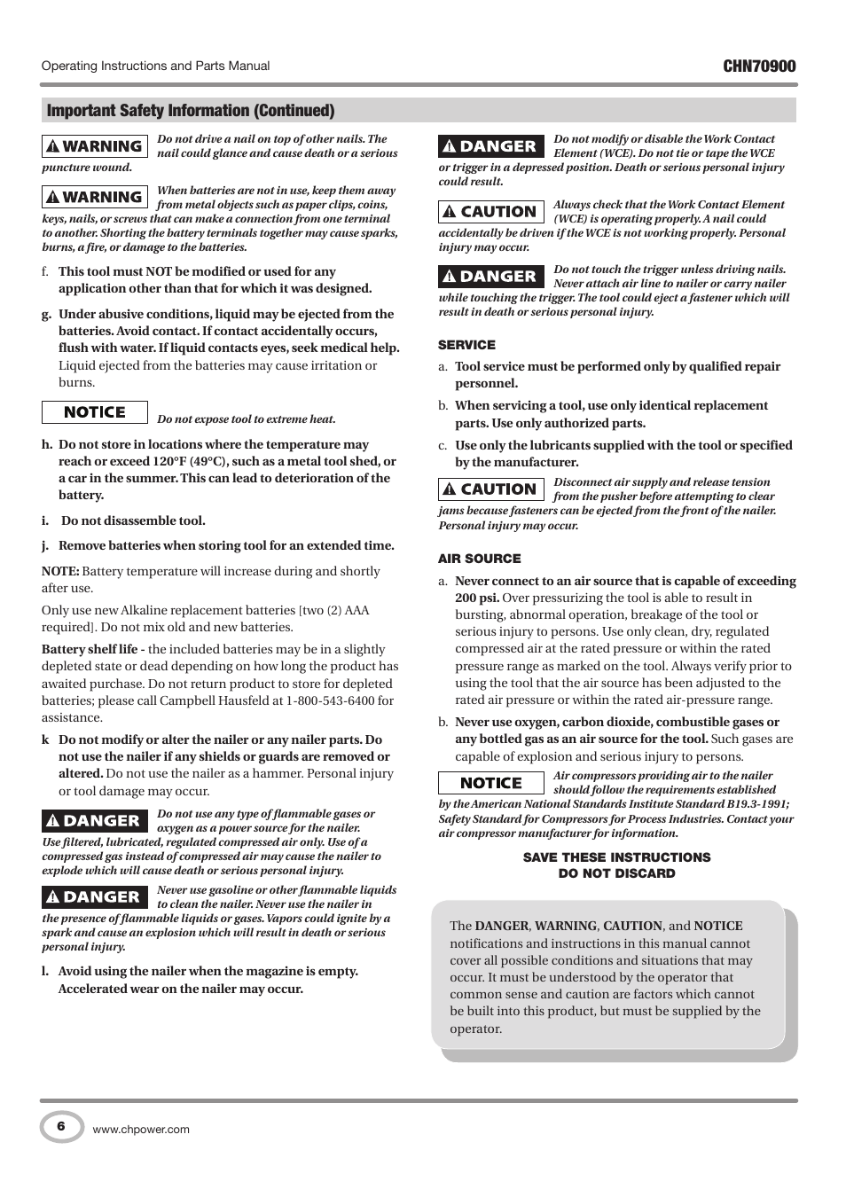 Important safety information (continued) | Campbell Hausfeld CHN70900 User Manual | Page 6 / 60