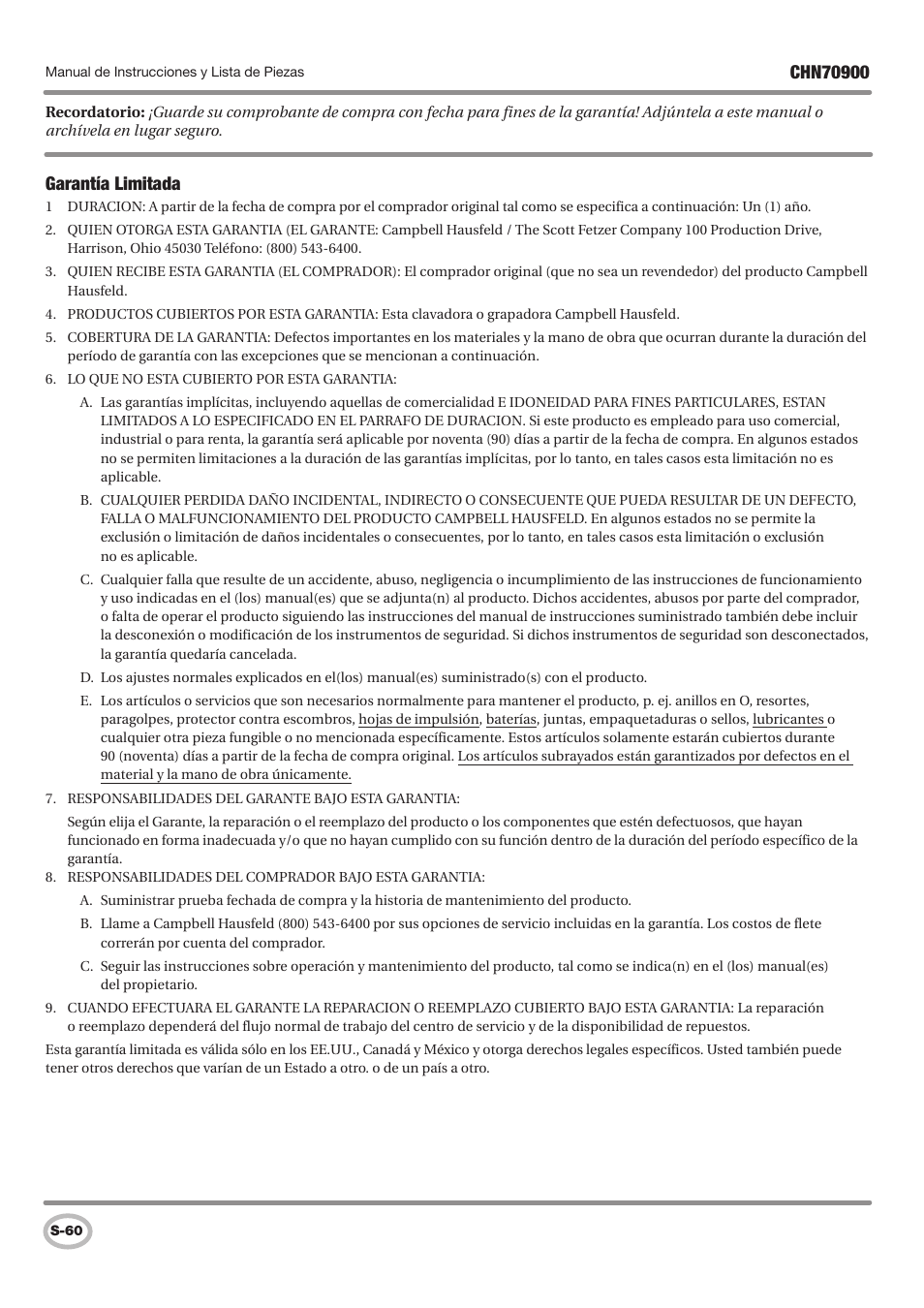 Garantía limitada | Campbell Hausfeld CHN70900 User Manual | Page 60 / 60