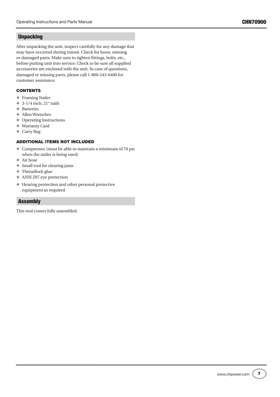 Unpacking, Assembly | Campbell Hausfeld CHN70900 User Manual | Page 7 / 60