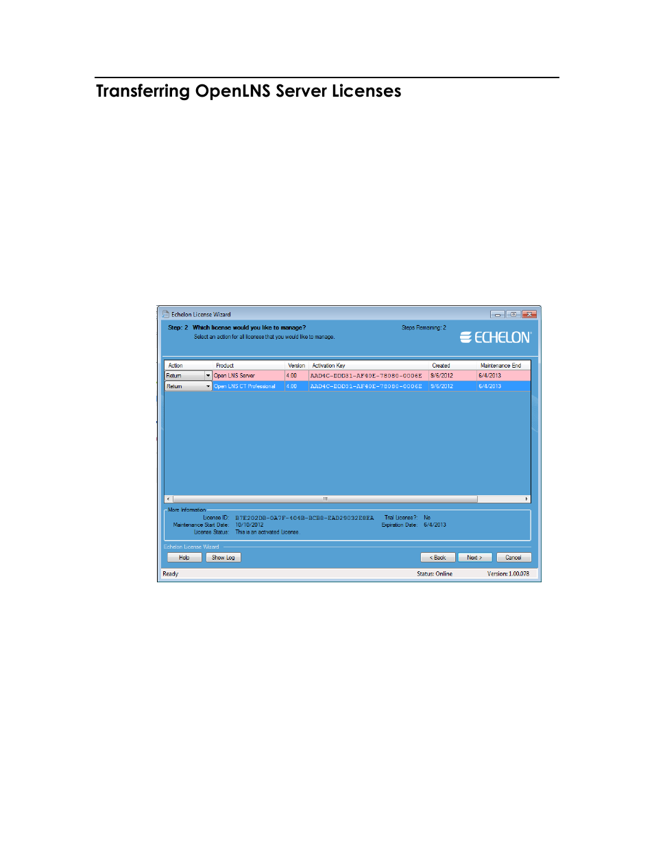 Transferring openlns server licenses | Echelon OpenLNS Server License User Manual | Page 16 / 24