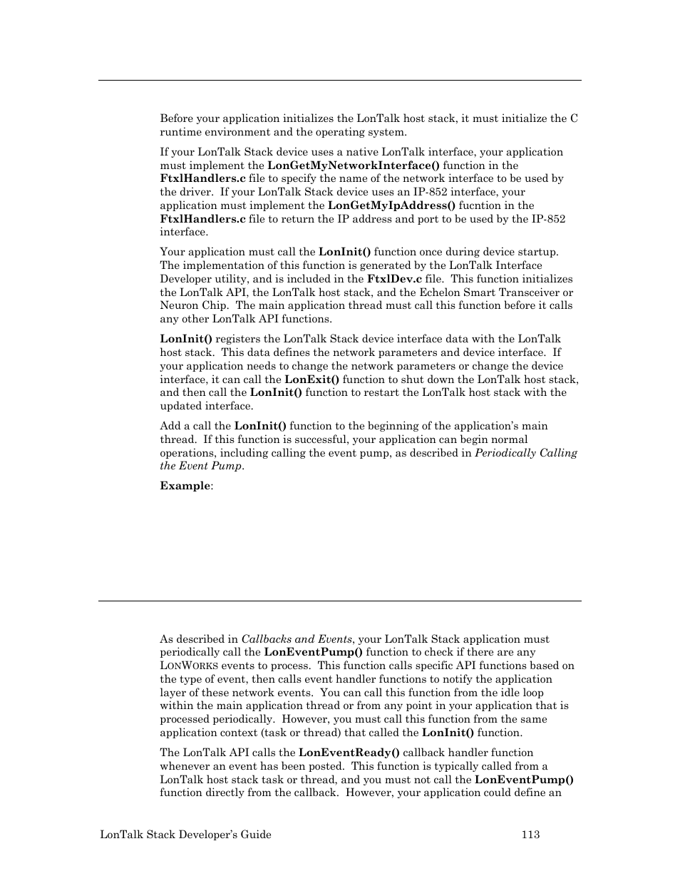 Initializing the lontalk stack device, Periodically calling the event pump | Echelon LonTal Stack User Manual | Page 125 / 247