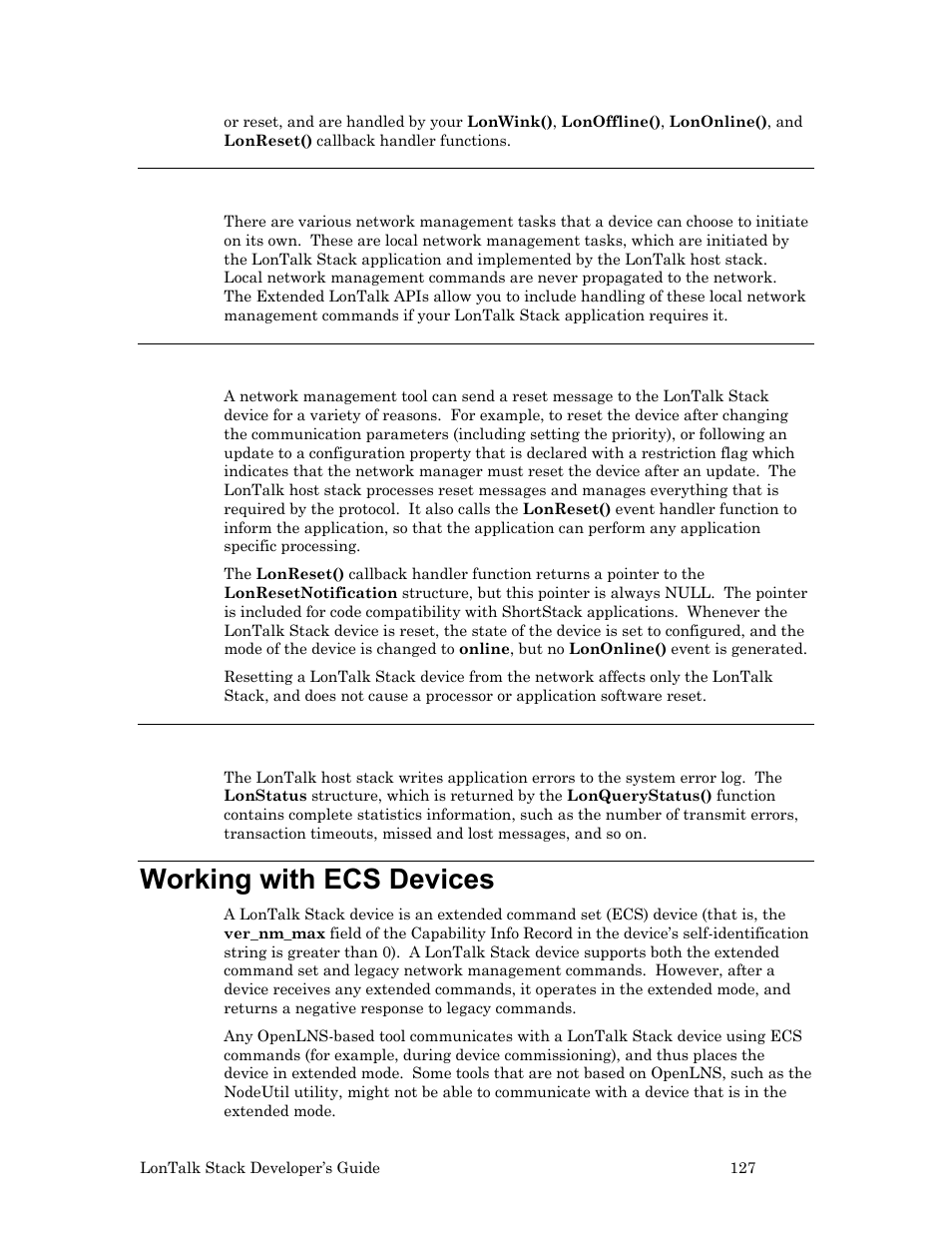 Handling local network management tasks, Handling reset events, Querying the error log | Working with ecs devices | Echelon LonTal Stack User Manual | Page 139 / 247