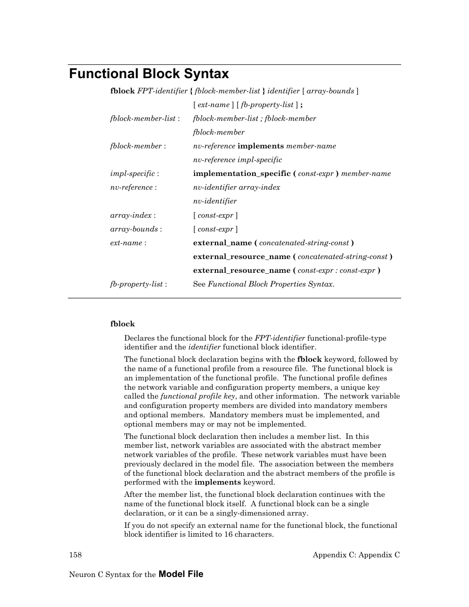 Functional block syntax, Keywords | Echelon LonTal Stack User Manual | Page 170 / 247