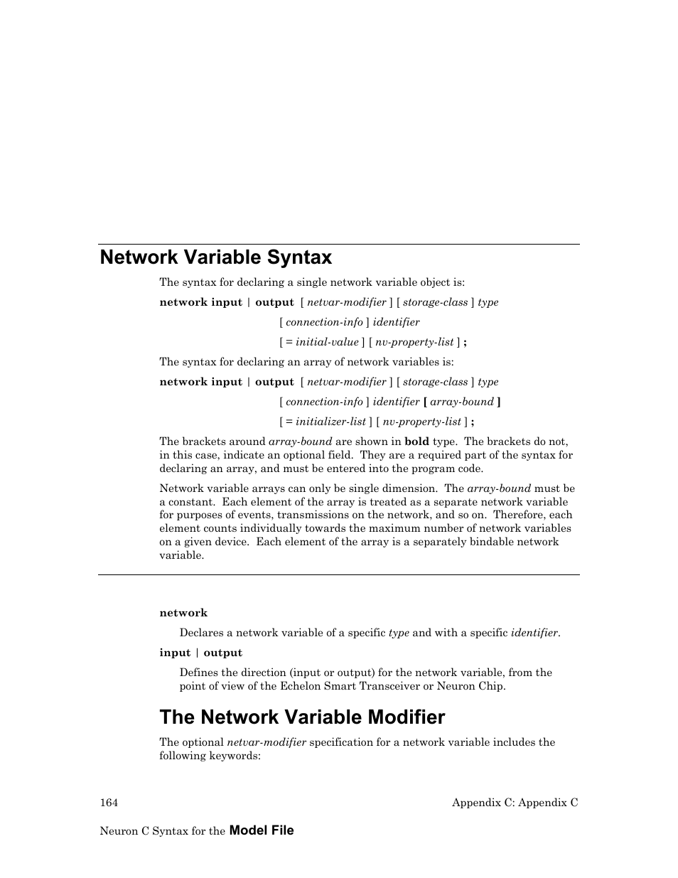 Network variable syntax, Keywords, The network variable modifier | Echelon LonTal Stack User Manual | Page 176 / 247