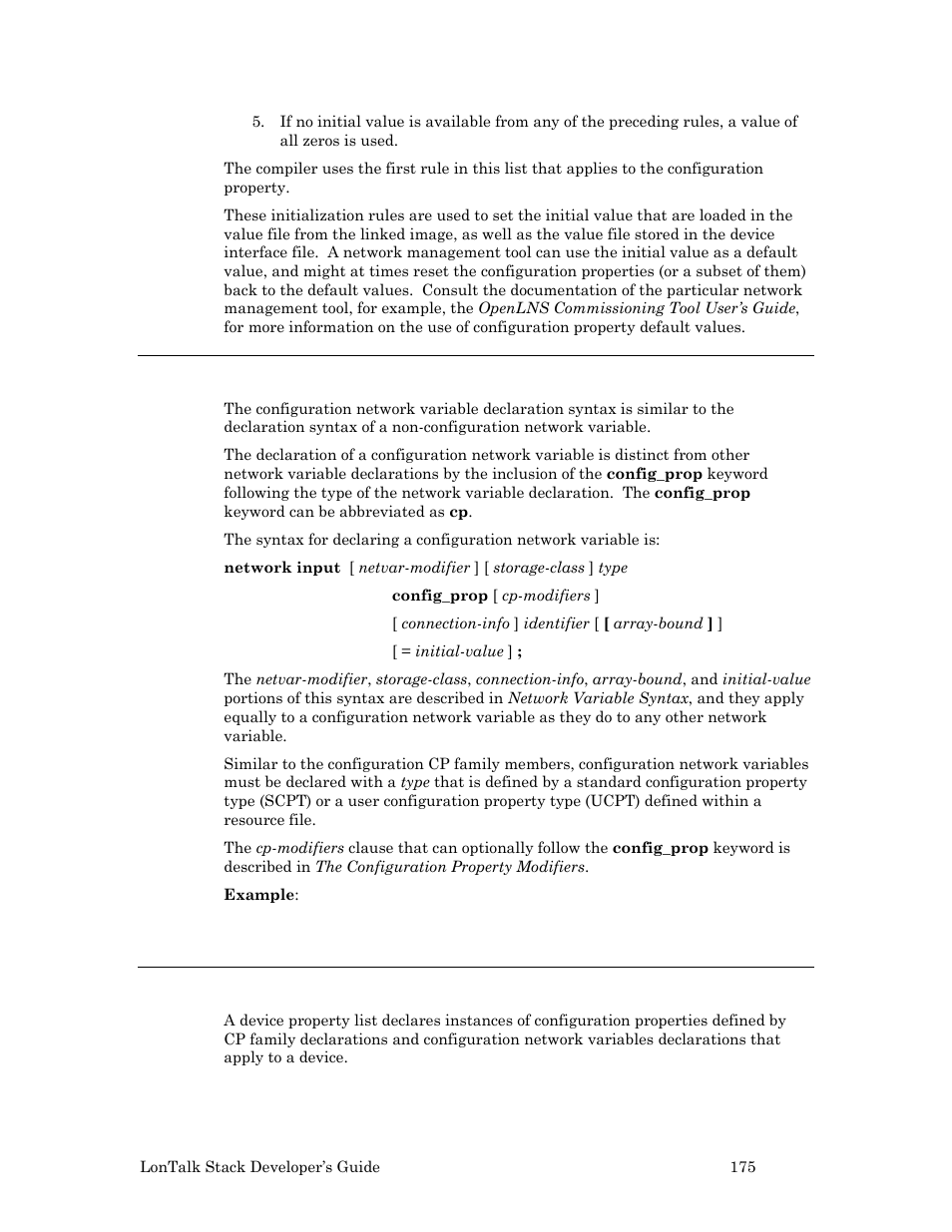 Declaring a configuration network variable, Defining a device property list | Echelon LonTal Stack User Manual | Page 187 / 247