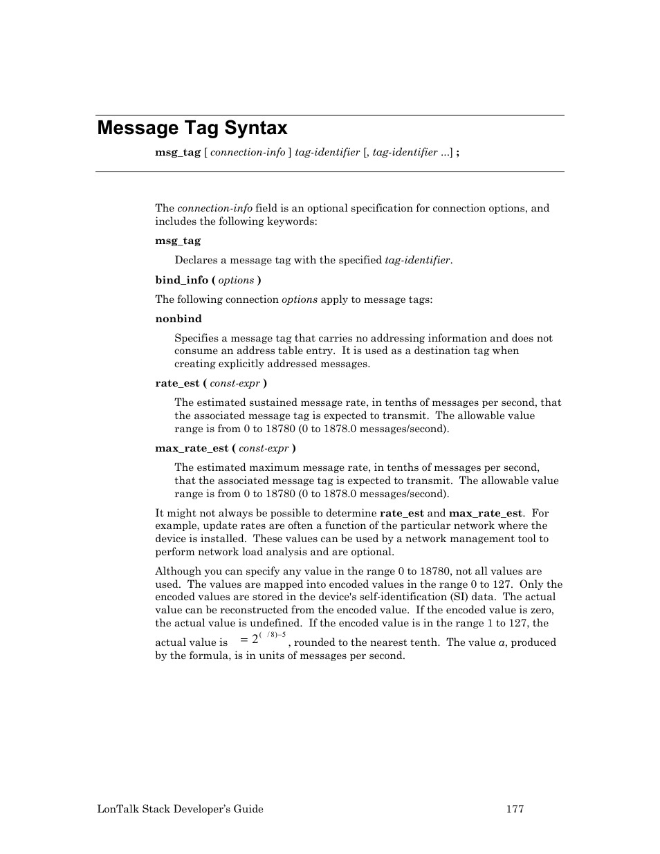 Message tag syntax, Keywords | Echelon LonTal Stack User Manual | Page 189 / 247