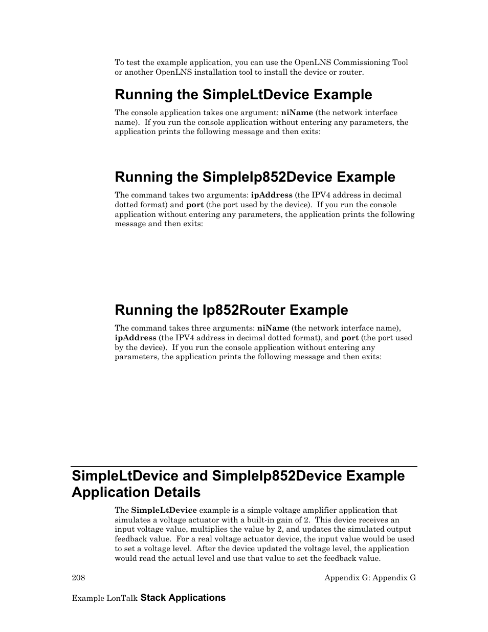 Running the simpleltdevice example, Running the simpleip852device example, Running the ip852router example | Details | Echelon LonTal Stack User Manual | Page 220 / 247