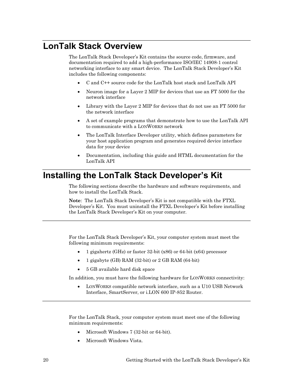 Lontalk stack overview, Installing the lontalk stack developer’s kit, Hardware requirements | Software requirements | Echelon LonTal Stack User Manual | Page 32 / 247