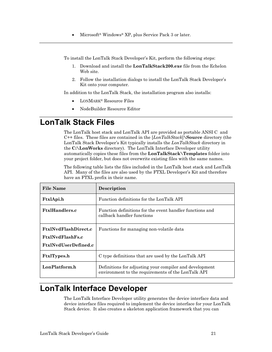 Installing the lontalk stack developer’s kit, Lontalk stack files, Lontalk interface developer | Echelon LonTal Stack User Manual | Page 33 / 247