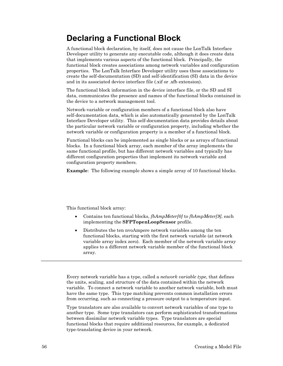 Declaring a functional block, Defining a network variable | Echelon LonTal Stack User Manual | Page 68 / 247