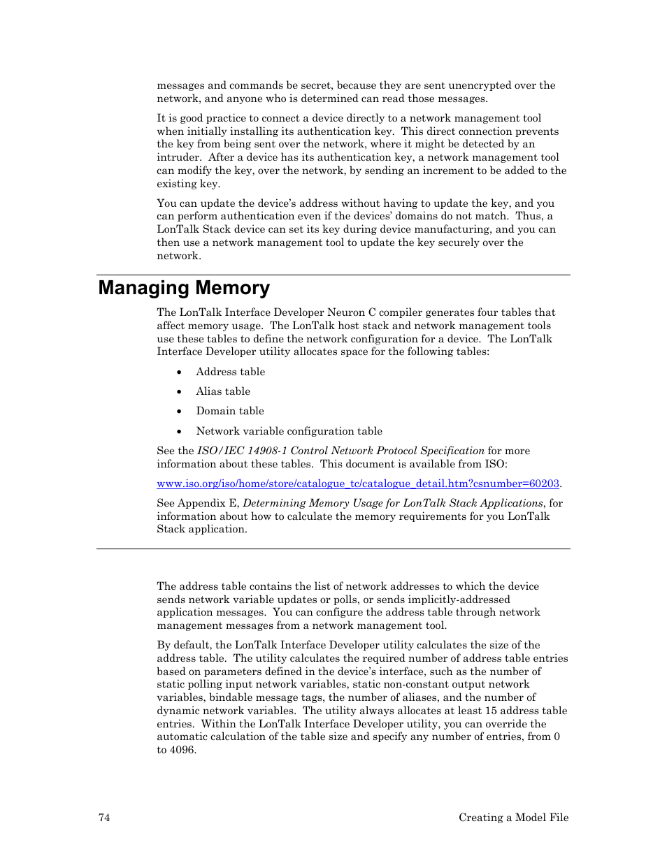 Managing memory, Address table | Echelon LonTal Stack User Manual | Page 86 / 247