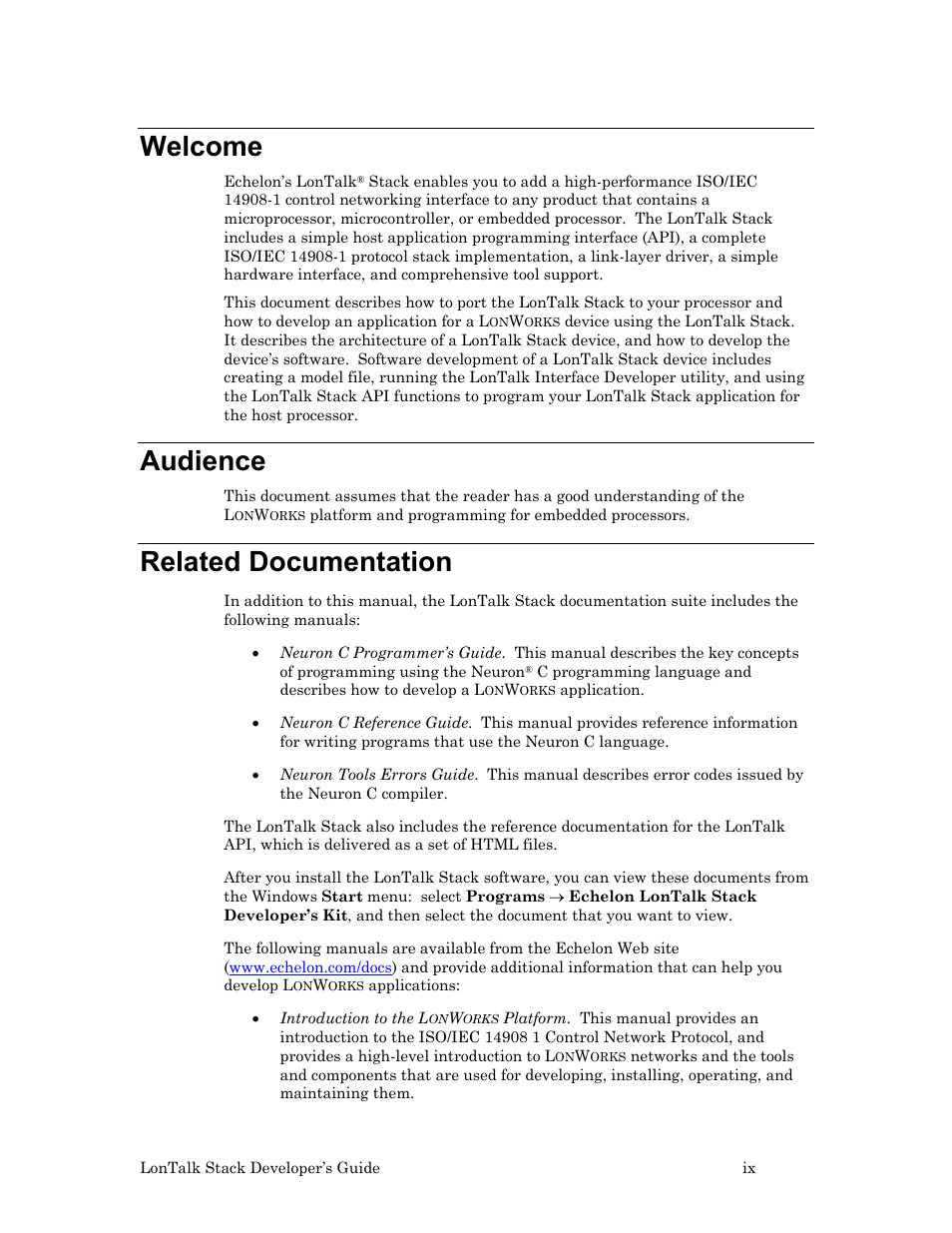 Welcome, Audience, Related documentation | Echelon LonTal Stack User Manual | Page 9 / 247